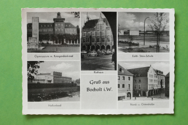 Ansichtskarte AK Gruß aus Bocholt i W 1960er Jahre Gymnasium Hallenbad Schule Straße Architektur Ortsansicht NRW